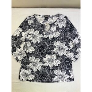 BYdesign Womens Large Black White Floral Keyhole Ring 3/4 Sleeve Blouse Tunic